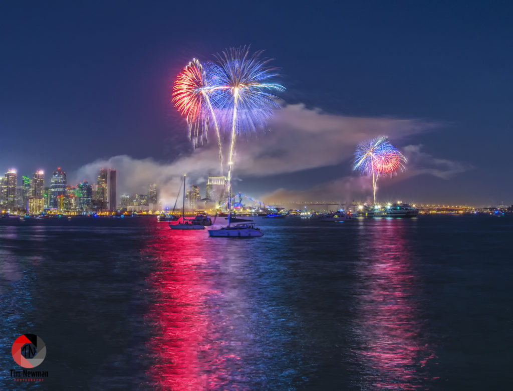 Fireworks 4th of July Independence Day Night Photography Night Photograph San Diego Downtown San Diego Reflections Water Reflections Red White and Blue